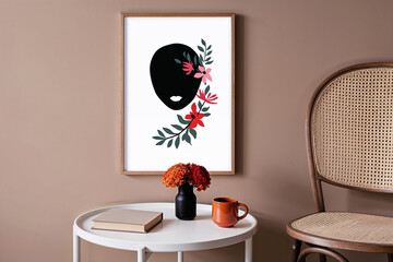 Minimalist Art Print of Floral Black Face Silhouette with Modern Home Decor and Neutral Color Palette