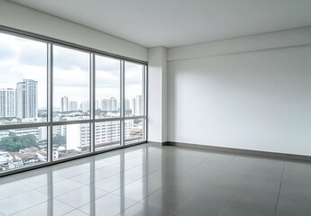 Fototapeta premium Spacious Empty Room with Large Windows Displaying City View