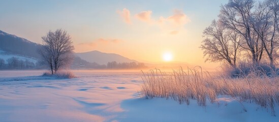 A picturesque winter sunrise over a snow-covered field with a lone tree in the foreground and a mountain range in the distance.