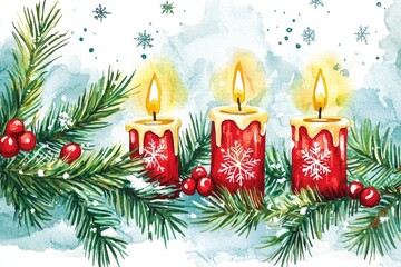 Three festive candles on a pine branch with snowflakes in a cozy watercolor style.