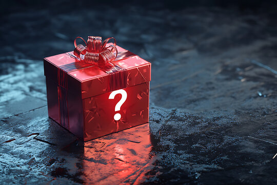 A shiny red gift box with a ribbon and a question mark, symbolizing mystery and surprise.
