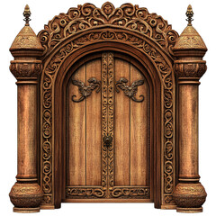 Ornate wooden door clipart, traditional element, intricate carvings, isolated on white background 