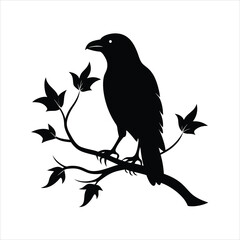A striking vector illustration of a raven bird silhouette perched on a tree branch, perfect for spooky designs, Halloween projects, or nature-themed artworks with a gothic twist.