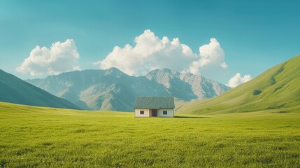 Obraz premium Lone house amid lush green landscape