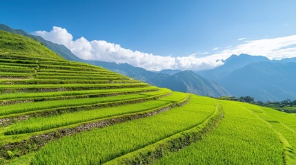 Fototapeta premium Lush green terraced rice fields under blue sky