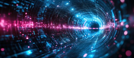 Fototapeta premium Abstract digital tunnel with glowing lights and circles.