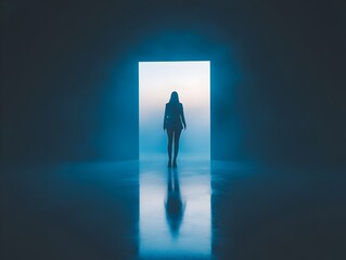 Obraz premium Silhouetted Figure in Doorway Transitional Passage to the Unknown