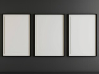 Three blank vertical frames aligned on a smooth dark wall, representing unity and symmetry, highlighting minimalist and organized design elements effectively.