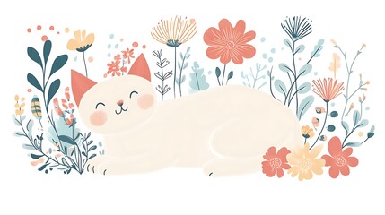 Cute White Cat Illustration with Flowers
