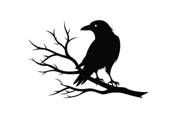 A striking vector illustration of a raven bird silhouette perched on a tree branch, perfect for spooky designs, Halloween projects, or nature-themed artworks with a gothic twist.