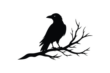 A striking vector illustration of a raven bird silhouette perched on a tree branch, perfect for spooky designs, Halloween projects, or nature-themed artworks with a gothic twist.