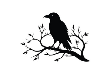 Obraz premium A striking vector illustration of a raven bird silhouette perched on a tree branch, perfect for spooky designs, Halloween projects, or nature-themed artworks with a gothic twist.