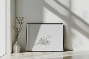 A minimalist frame rests against a wall, casting a delicate shadow from dried flowers, creating a serene and elegant decor piece with soft natural light enhancing its beauty.