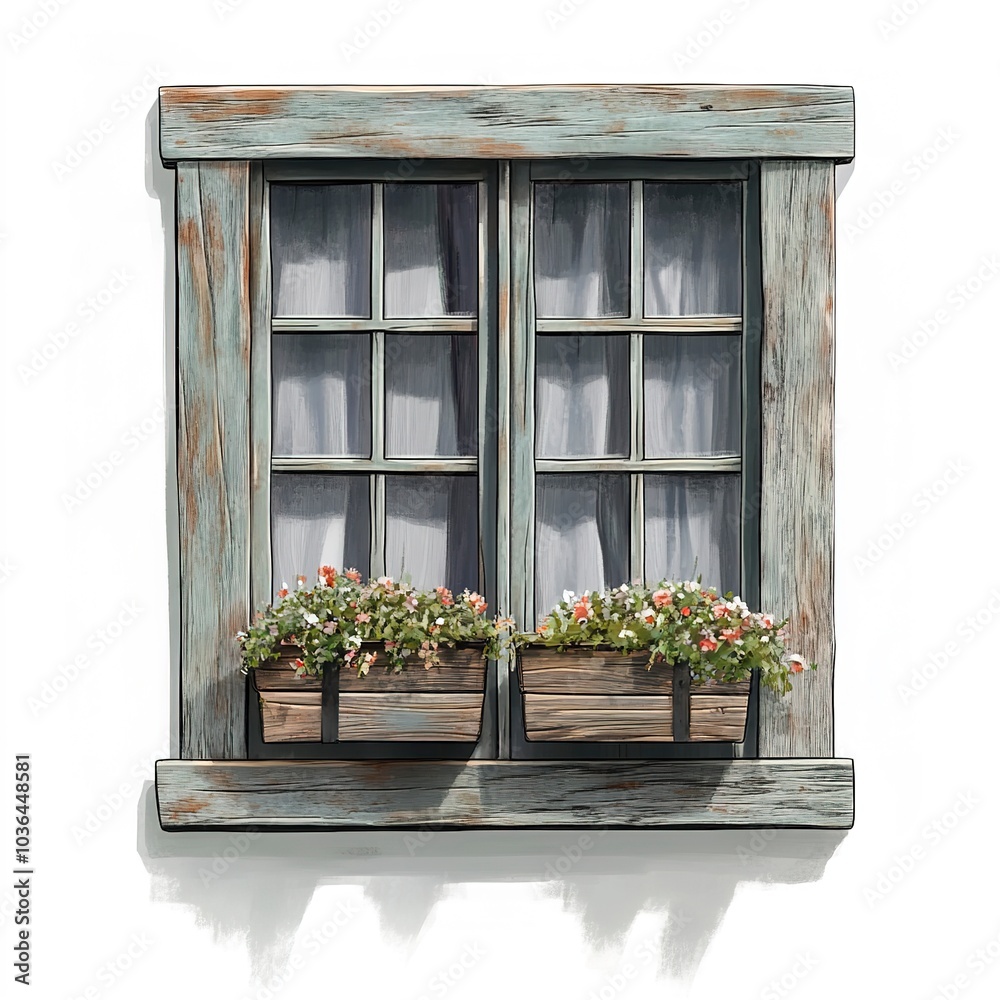 Canvas Prints A farmhouse-style window with flower boxes, rustic charm, digital painting, earthy tones, isolated on white background 