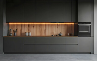 Modern Gray Kitchen Interior with Wooden Accents