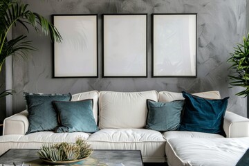 A modern living room featuring a plush white sofa, adorned with blue cushions, complimented by three identical framed artworks aligned on a textured wall.