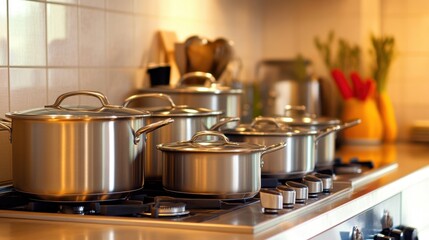 A set of clean stainless steel pots and pans neatly arranged on a stove in a chic kitchen.
