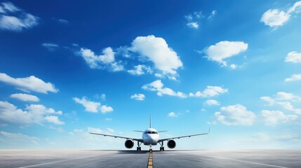 Obraz premium A sleek airplane positioned on a runway beneath a clear blue sky with scattered clouds, representing aviation and travel.