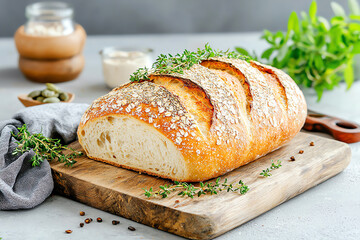 Artisan bread a culinary delight showcasing the perfect crust and fluffy interior with fresh herbs and natural ingredients