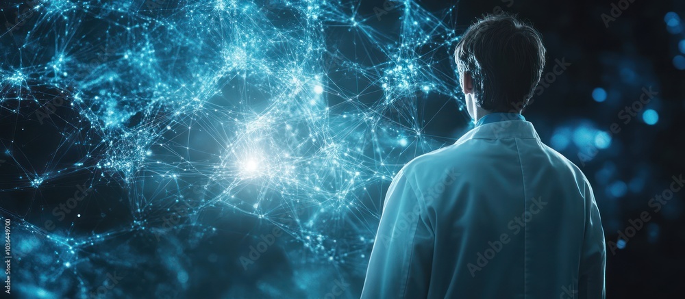 Poster A scientist in a lab coat stands in front of a glowing blue digital network, conceptualizing data and technology.