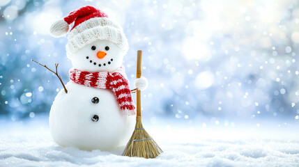 A snowman stands on the snow. The concept of holiday joy, winter magic, and Christmas celebration. Generative AI.