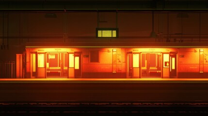 Fototapeta premium A subway train with open doors, illuminated by warm lights in a dark, empty station, creating a quiet yet inviting nighttime scene.