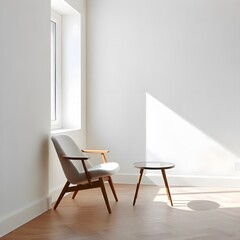 interior of a room with a chair and table with wall art paintings. luxury hotel room with chair and table and paintings in wall.