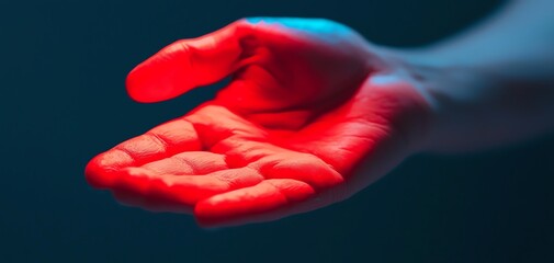 Close-up of a hand illuminated by red and blue lighting, creating a dramatic effect and highlighting texture and shape in a dark atmosphere.