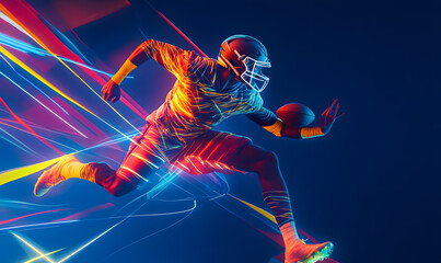 Dynamic Neon Football Action with Futuristic Geometric Patterns and Vibrant Light Trails for High-Energy Sports Advertising Backgrounds