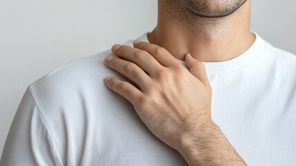 Fototapeta premium Close-up of a man in a white shirt touching his shoulder, conveying concepts of pain, comfort, or self-care against a plain background.