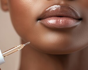 Obraz premium Close-up of a woman's lips receiving a skincare serum. Shows smooth, hydrated skin, highlighting beauty and skincare routine.