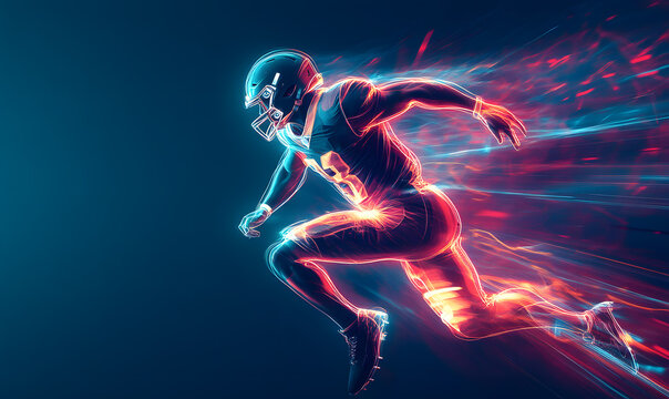 Dynamic Neon Football Action with Futuristic Geometric Patterns and Vibrant Light Trails for High-Energy Sports Advertising Backgrounds