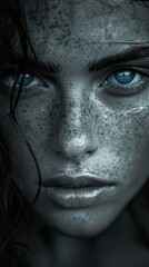 Intense Gaze: A Woman's Portrait with Blue Eyes and Freckles