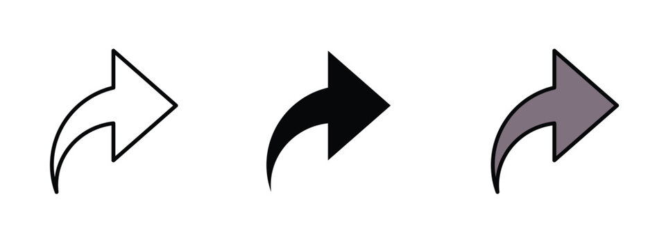 Three arrows pointing towards right side representing forward icon, redo icon, forward icons set, forward icons in outline, silhouette and editable colors