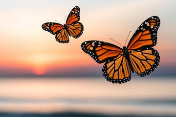 Obraz premium Two Monarch butterflies gracefully fly above a serene sunset ocean, painting
