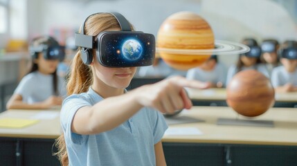 Girl explores planets in VR headset, classmates learn in a futuristic classroom setting.