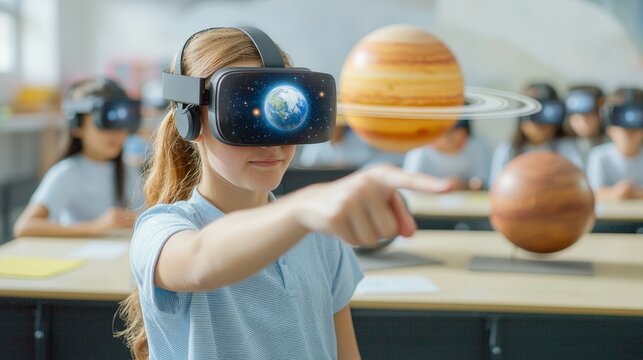 Girl explores planets in VR headset, classmates learn in a futuristic classroom setting.
