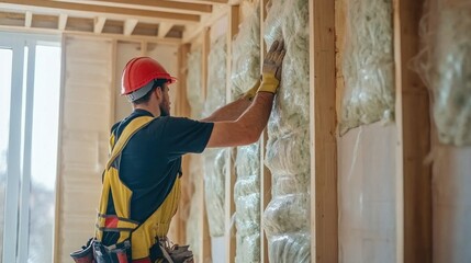 A construction worker installing thermal insulation in the walls of a home, using eco-friendly materials, ensuring energy efficiency and comfort for the residential building