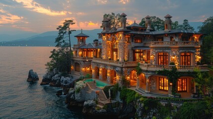 Fototapeta premium Luxury Waterfront Estate at Dusk