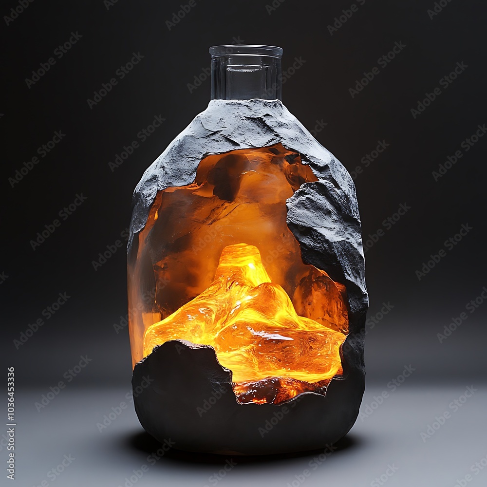 Poster Glass Bottle with a Glowing Mountain Interior.