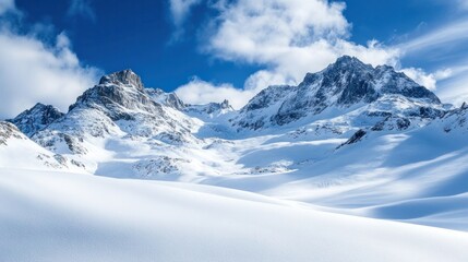Fototapeta premium Alpine mountain scenery with snow, featuring dramatic, snow-covered peaks and deep, frozen valleys. The landscape is serene and awe-inspiring, with crisp air and stunning views