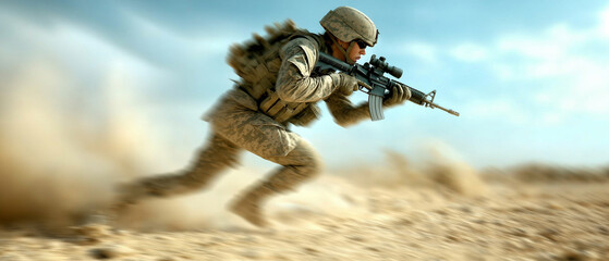 female soldier is running through war zone, showcasing determination and urgency amidst dusty environment. scene captures intensity of military action and challenges faced in combat