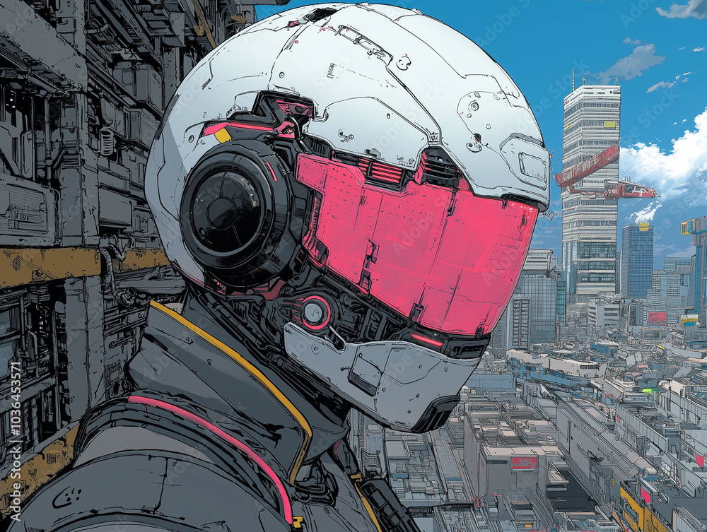 Aufkleber futuristic robot with sleek helmet and vibrant visor stands against cityscape, showcasing advanced t
