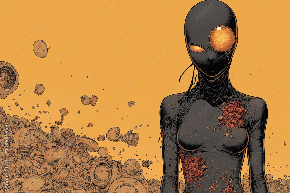 Aufkleber mysterious figure stands amidst chaotic landscape, embodying blend of intrigue and desolation. chara
