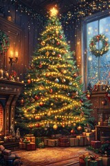 Fototapeta premium Bright Christmas tree scene with glowing lights and festive ornaments, featuring a cozy background of a fireplace and warm holiday decorations, perfect for a holiday greeting card