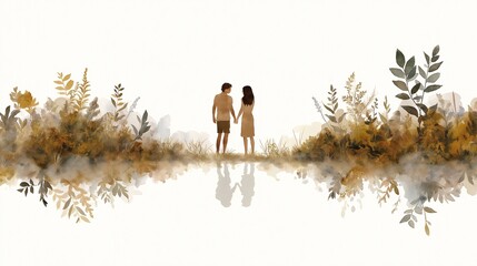 Naklejka premium Golden Hour Romance: Watercolor Couple by the Lake 