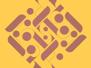 Geometric abstract background with a modern design featuring bold circles and curved lines in a muted brown color over a yellow backdrop, perfect for graphic design, posters, or web layouts