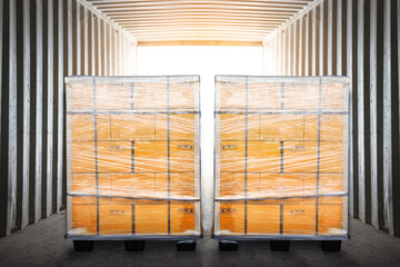 Bulk Pallets of Package Boxes Loaded into a Container Trucks. Distribution Warehouse Container Transport, Supply Chain, Parcel Delivery. Freight Truck, Logistics, Transportation.