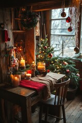 DIY Christmas gifts being made: personalized ornaments, hand-knitted scarves, and homemade candles. A rustic workspace filled with craft tools, materials, and a touch of holiday magic