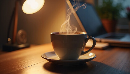 Fototapeta premium Steaming Cup of Coffee on Wooden Table by Warm Light